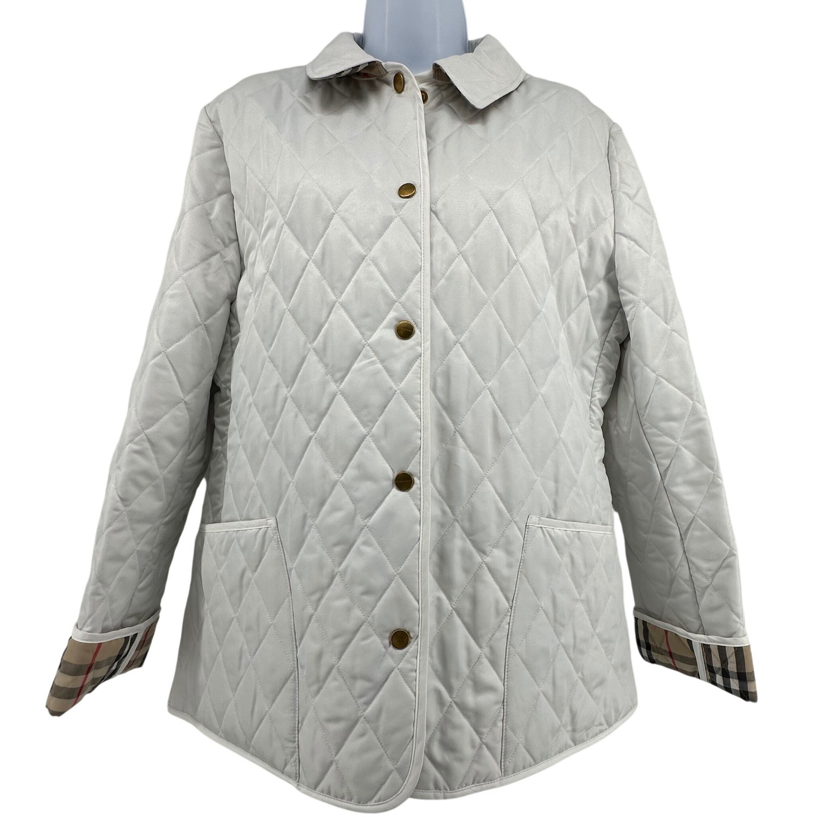 Burberry Quilted Jacket Womens M White England Nova Check Lining Preppy Luxury